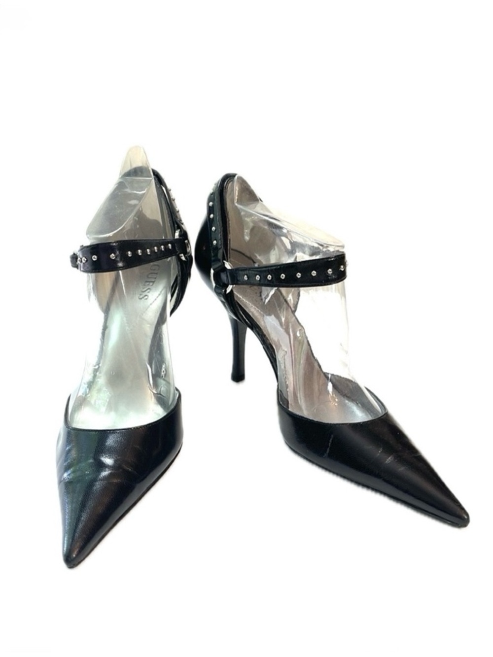 GUESS BLACK LEATHER SILVER STUDDED HEELS